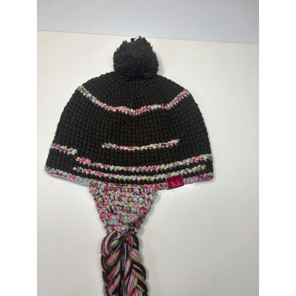 Bula Lynsey Dyer Beanie Hat Brown Pink Knit Earflap Tassel Pom Pom